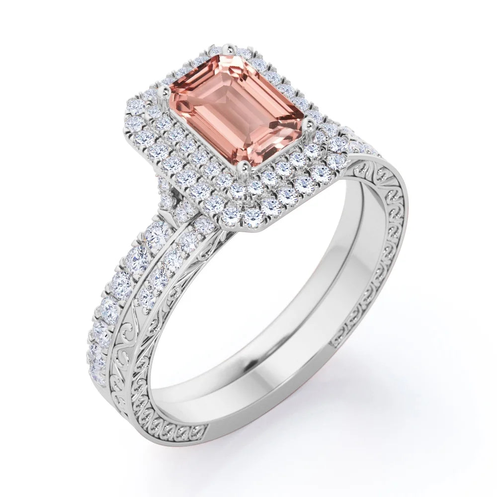 2 Carat Emerald Cut Moissanite Double Halo Pave Wedding Ring Set M3198