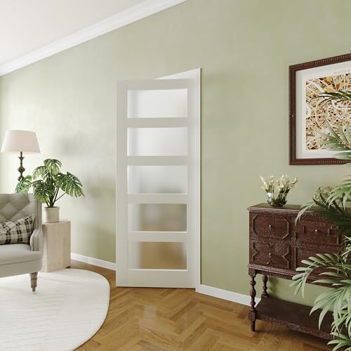 White Primed MDF 30"x 80" Frosted Glass French Door W89718