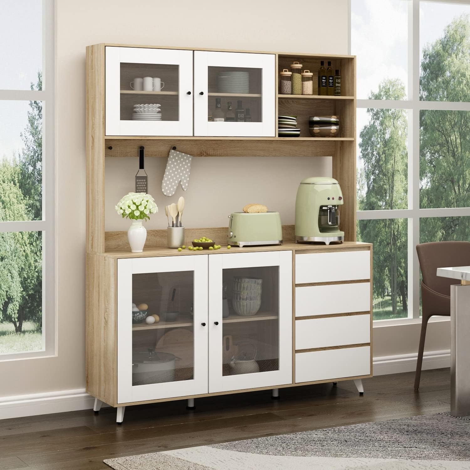 63"W 74.8"W Buffet with Hutch, Freestanding Kitchen Pantry Oak/White D735904