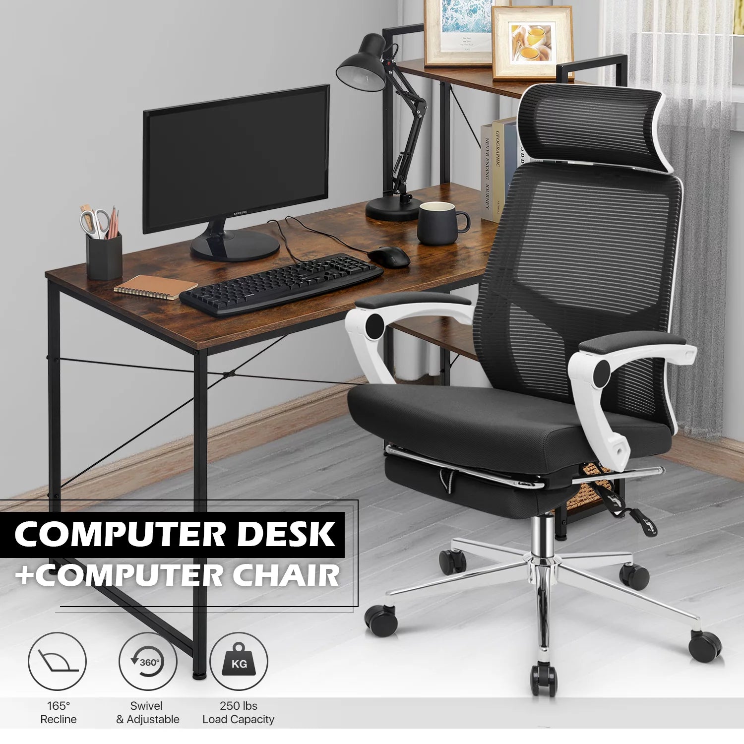 Black Computer Desk and Chair Set with Bookshelf I925065