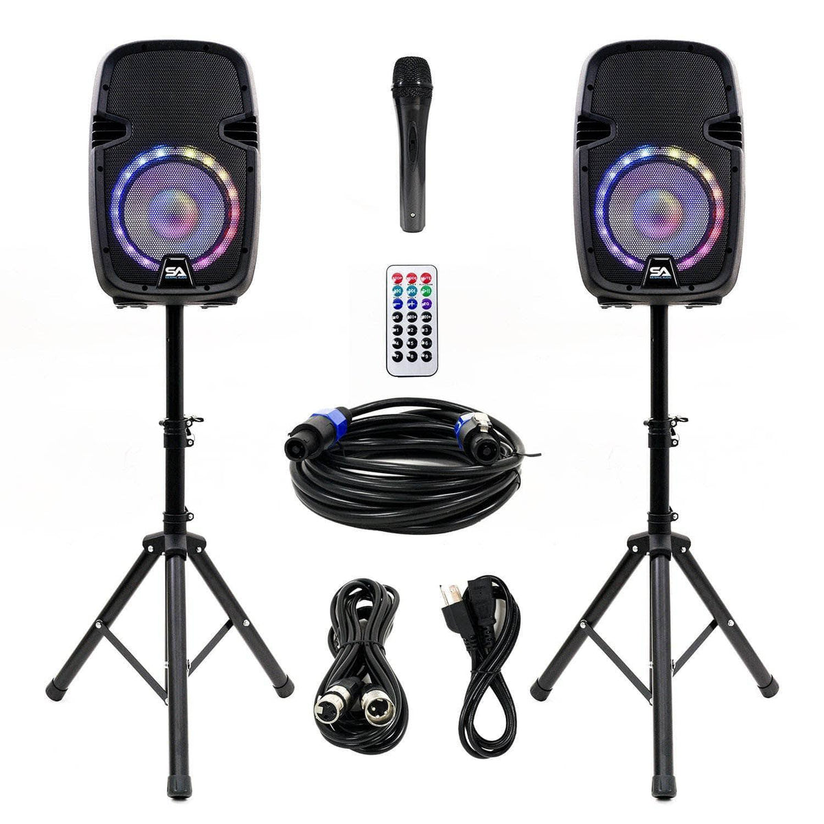 Powered 10 inch PA Speaker System with Stands, Bluetooth, LED Lights, Microphone O322552