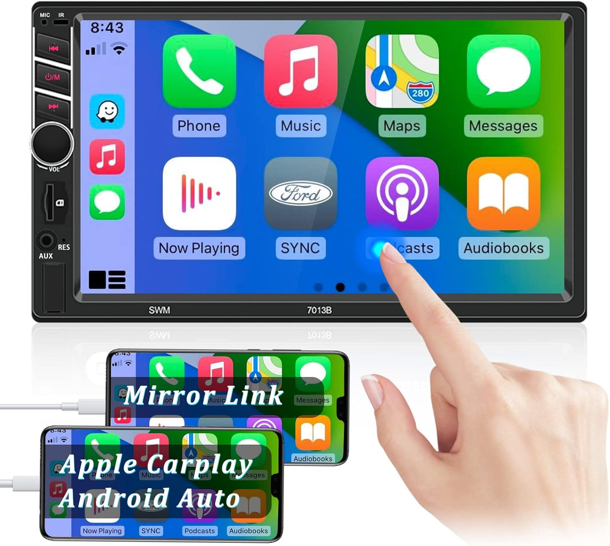 Double Din 7 inch Car Stereo with CarPlay Android Auto HD Touch Screen Multimedia Head Unit MP5 Player FM Receiver Bluetooth Mirror Link SWC AUX/USB/TF Card Backup Camera J89276