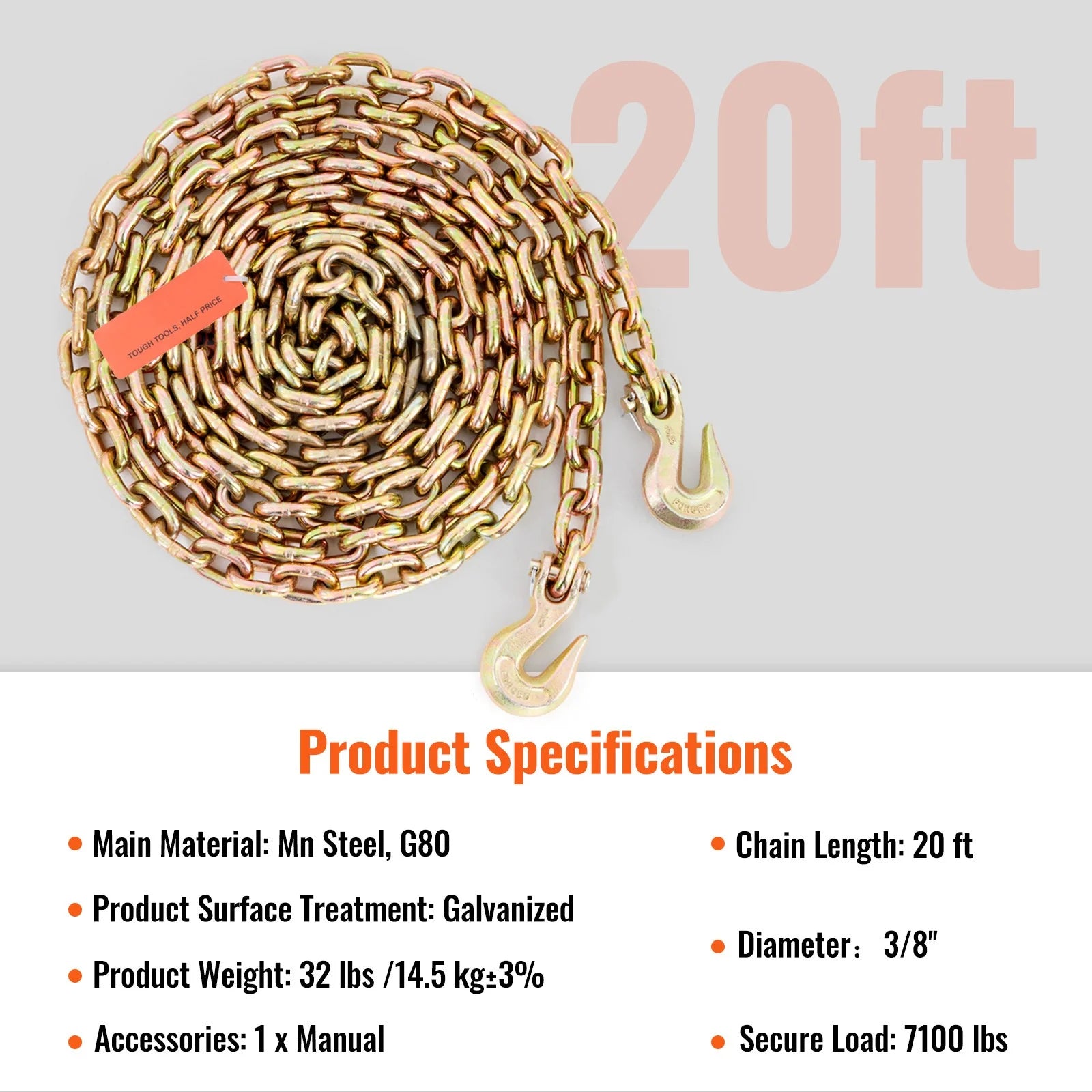 G80 Tow Chain with Hooks 3/8'' x 20' D626100