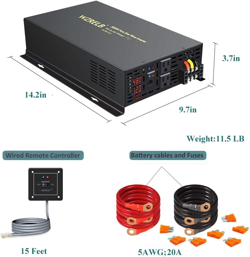 3000Watt 48V DC to 110V 120V Pure Sine Wave Power Inverter with Remote Control Dual AC Outlets and AC Hardwire Port A88806