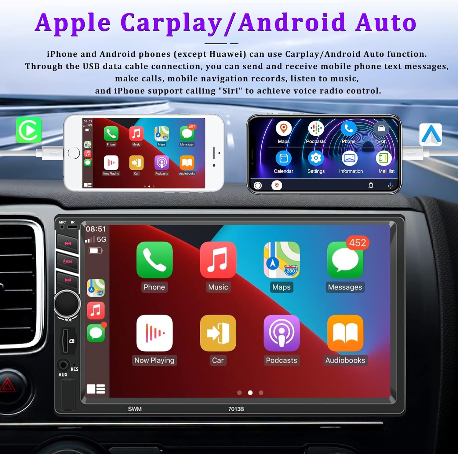 Double Din 7 inch Car Stereo with CarPlay Android Auto HD Touch Screen Multimedia Head Unit MP5 Player FM Receiver Bluetooth Mirror Link SWC AUX/USB/TF Card Backup Camera J89276