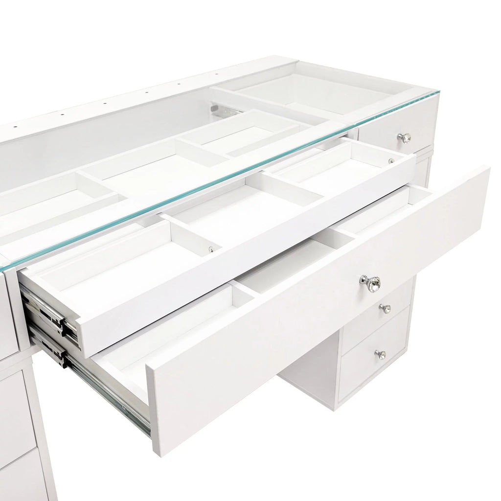 White 10 Drawer Vanity Desk with Glass Tabletop M7369