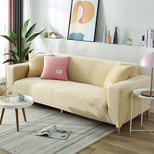 Beige 2 Seater Stretch Velvet Sofa Slipcover with Non Slip Elastic Straps Q831499