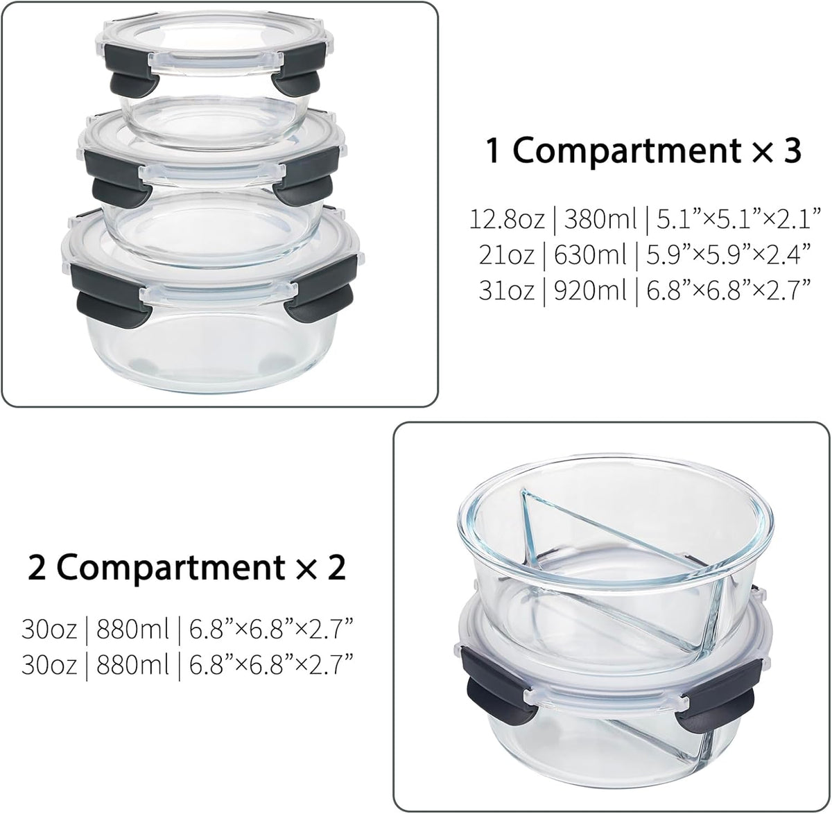 10pc Glass Food Storage Container with Lid, Gray Round Glass Meal Prep Containers I61514