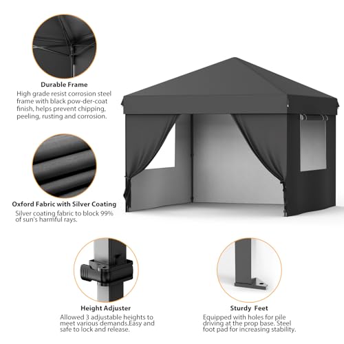 Grey 10x10 Pop Up Canopy with 4 Removable Sidewalls and Windows, 3 Adjustable Heights Commercial Shelter, Portable Enclosed Instant Tent with Wheeled Carry Bag, Waterproof Outdoor Gazebo M6414