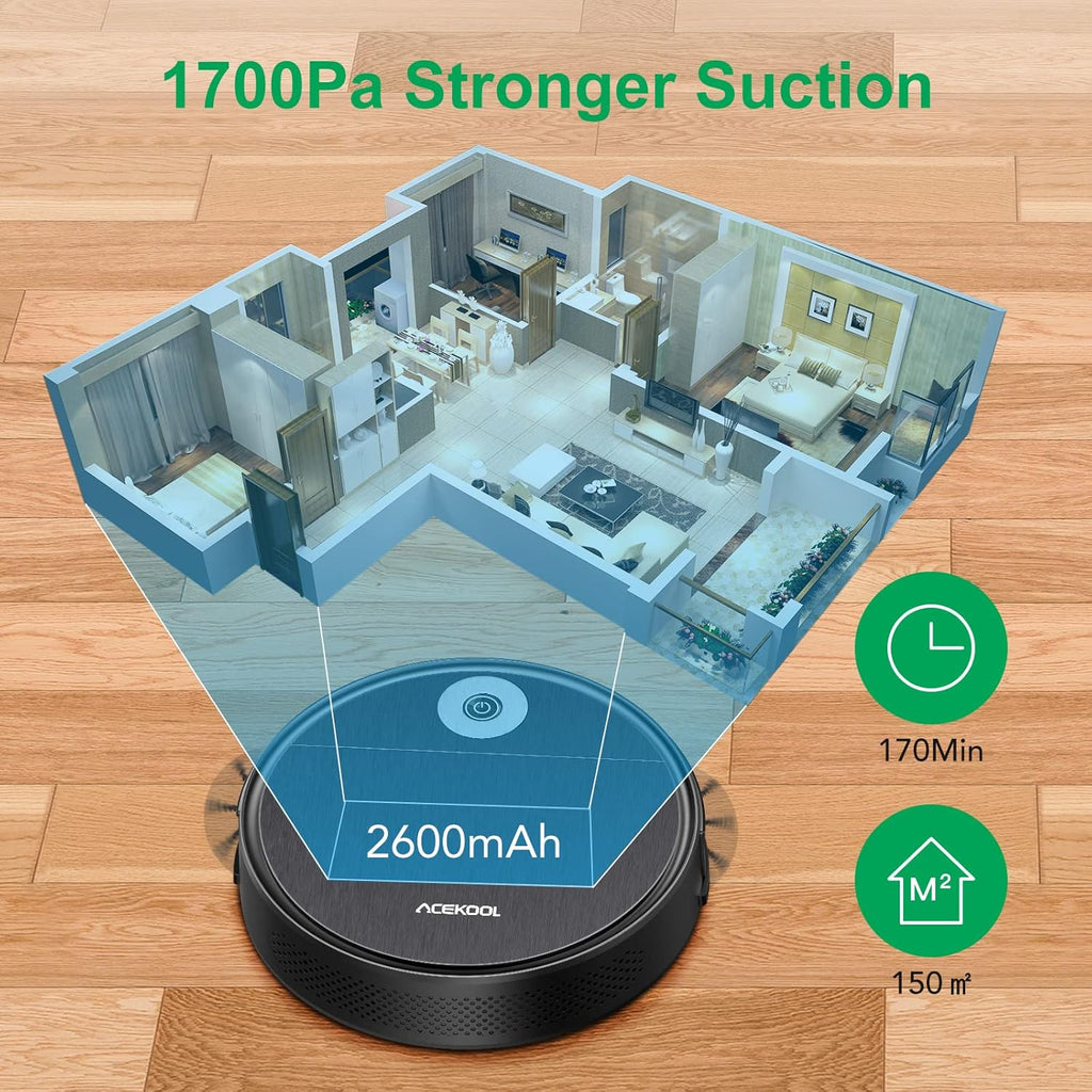 Robot Vacuum Cleaner, 1700pa Suction, 170min Runtime W8404