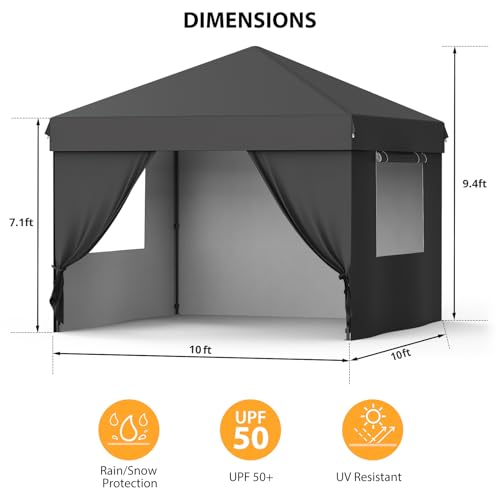 Grey 10x10 Pop Up Canopy with 4 Removable Sidewalls and Windows, 3 Adjustable Heights Commercial Shelter, Portable Enclosed Instant Tent with Wheeled Carry Bag, Waterproof Outdoor Gazebo M6414