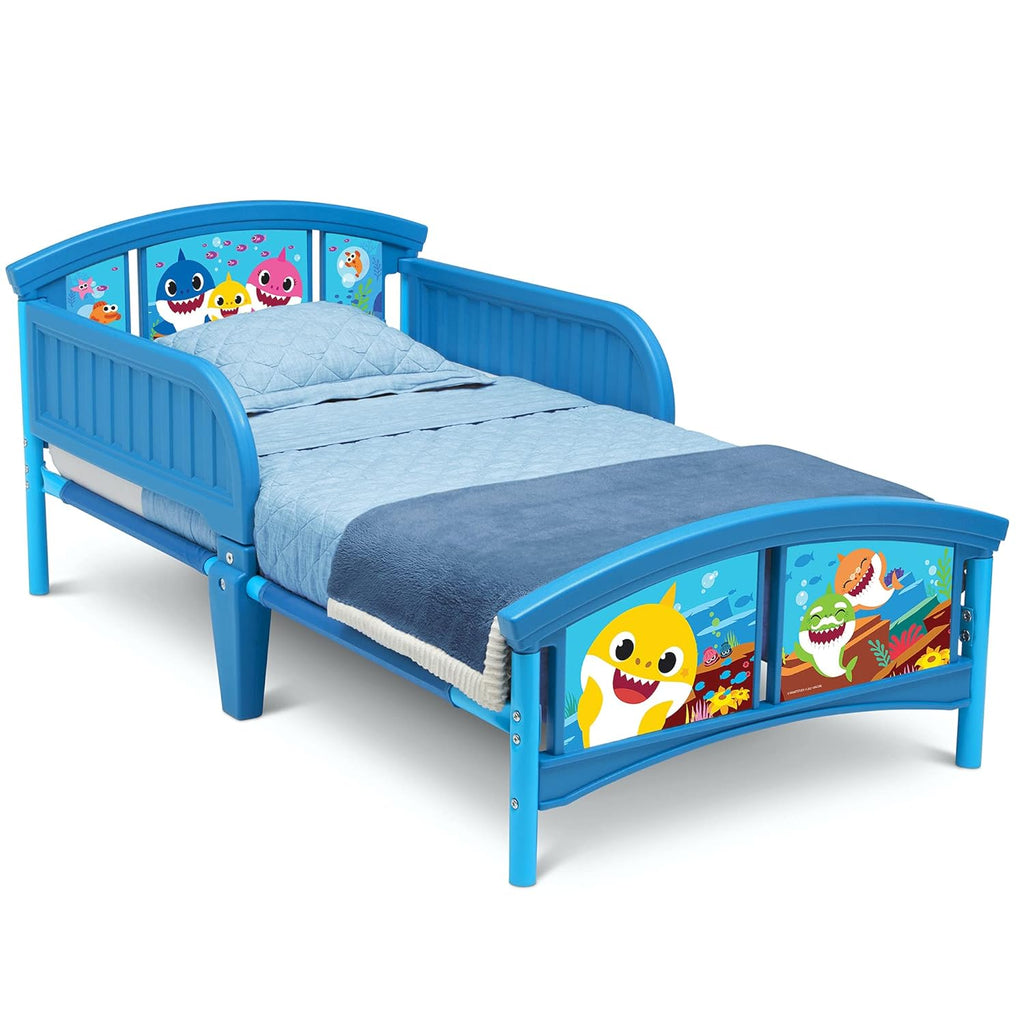 Baby Shark Plastic Toddler Bed and Twinkle Galaxy Dual Sided Crib and Toddler Mattress Bundle V501856