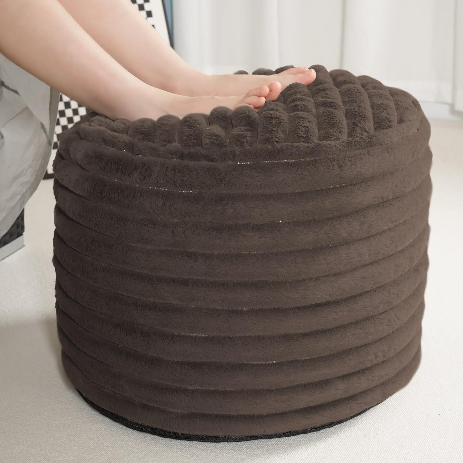 Brown Faux Fur Pouf Ottoman 20 x 15 Inch X114