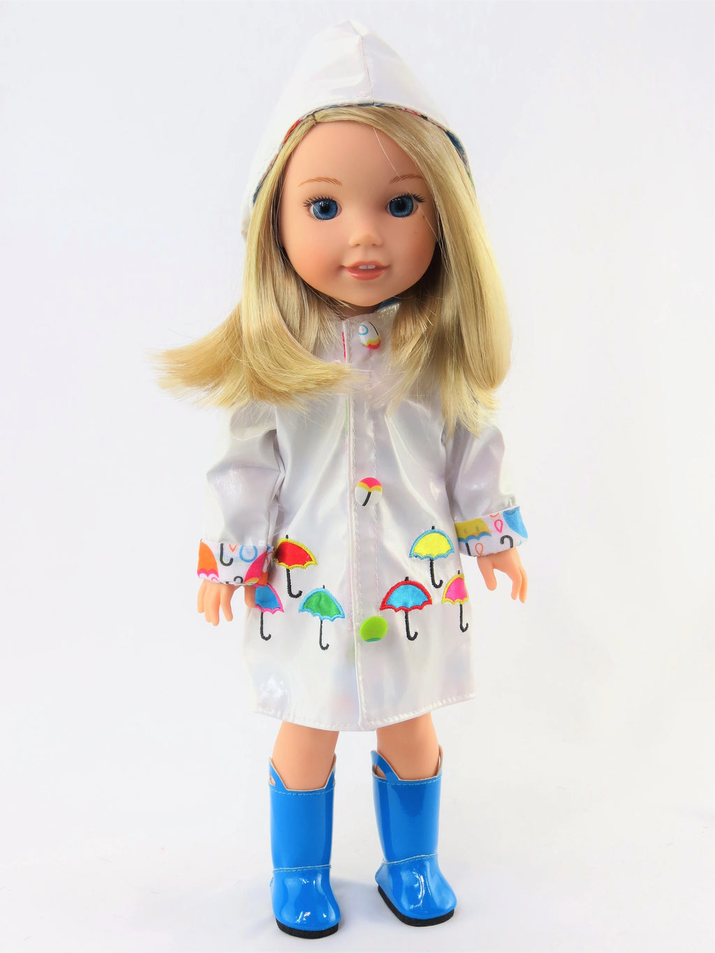 White Raincoat with Electric Blue Rain Boots For 14 Inch Dolls F765
