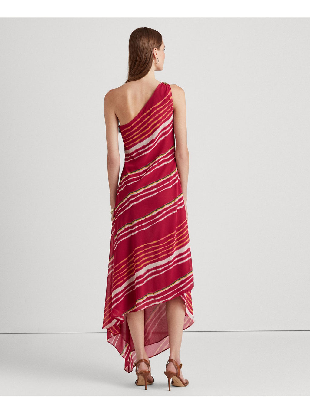 Pink Striped Sleeveless Asymmetrical Neckline Maxi Shift Dress X88566