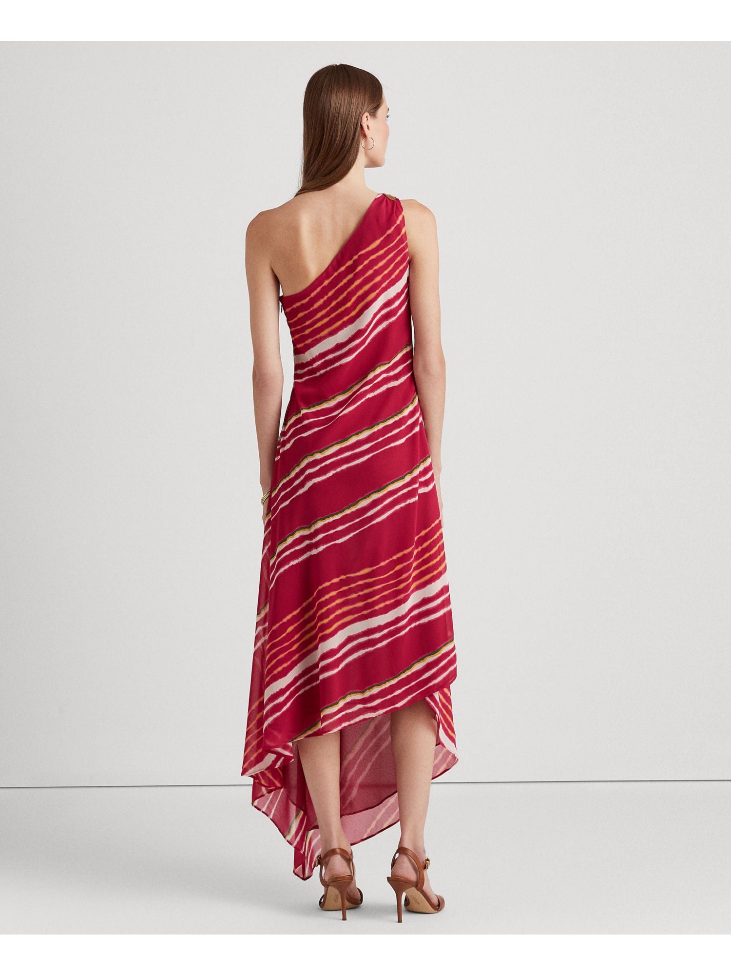 Pink Striped Sleeveless Asymmetrical Neckline Maxi Shift Dress X88566