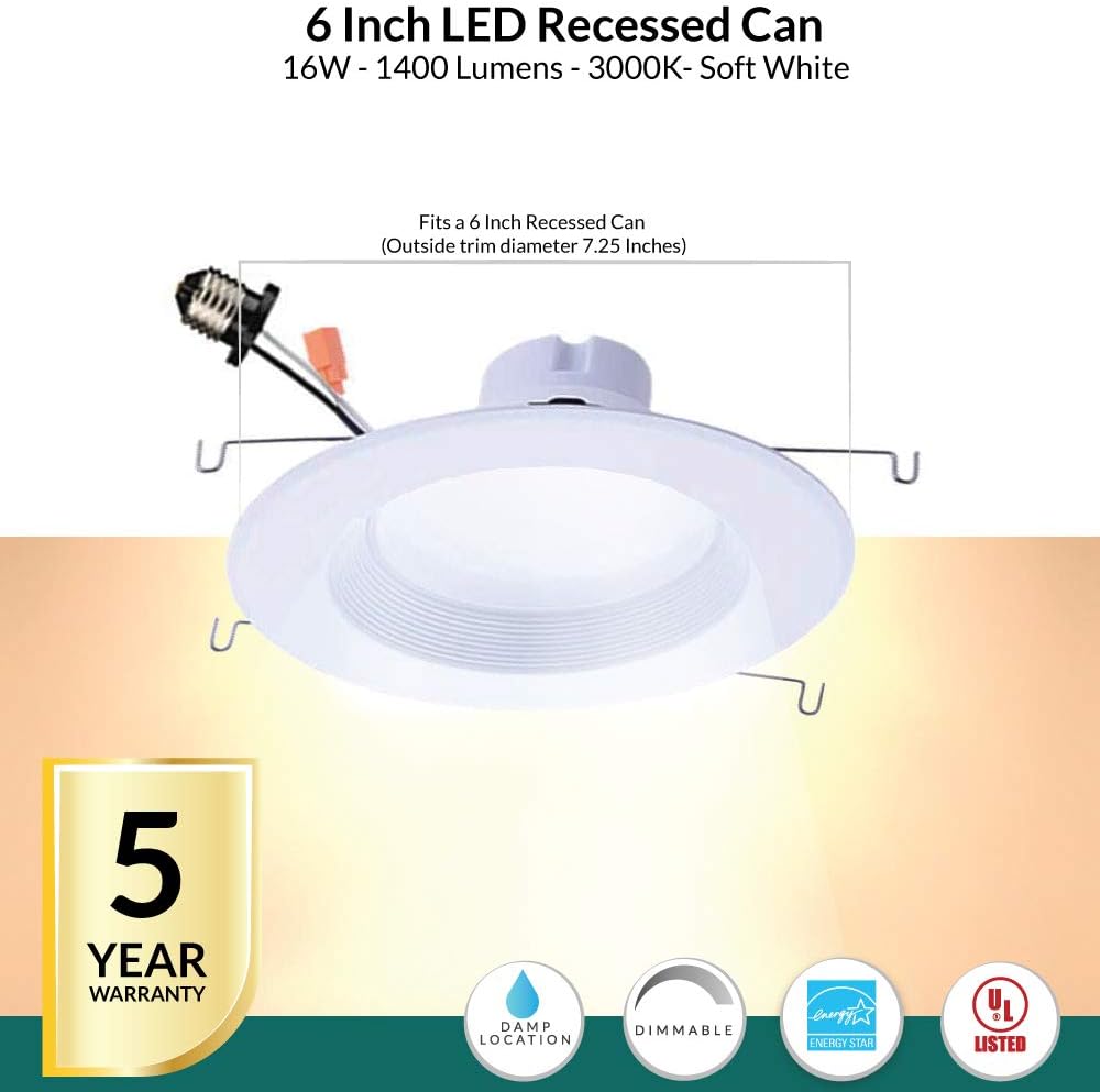 6 Pack 6 Inch 16.5 Watt 1400 Lumens 3000K Soft White Dimmable LED Recessed Light K676