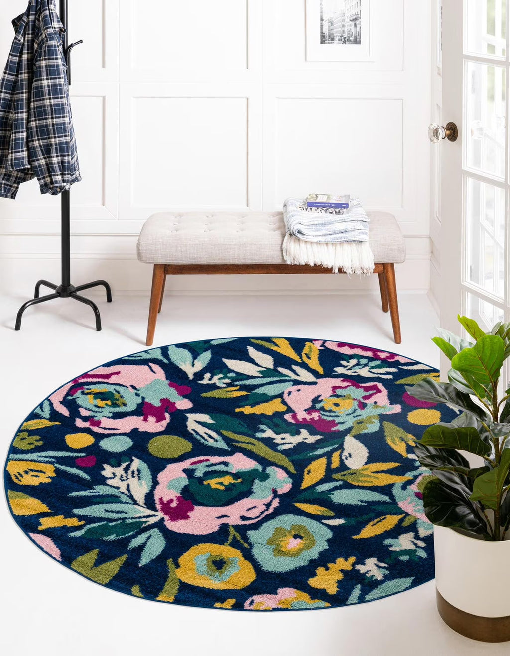 Navy Blue Round Floral Rug E111968