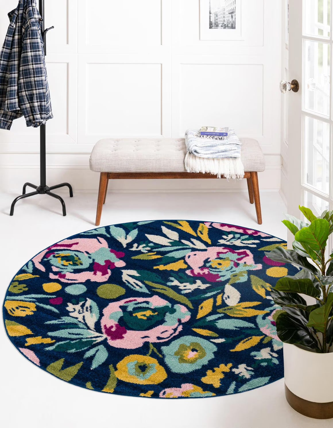 Navy Blue Round Floral Rug E111968