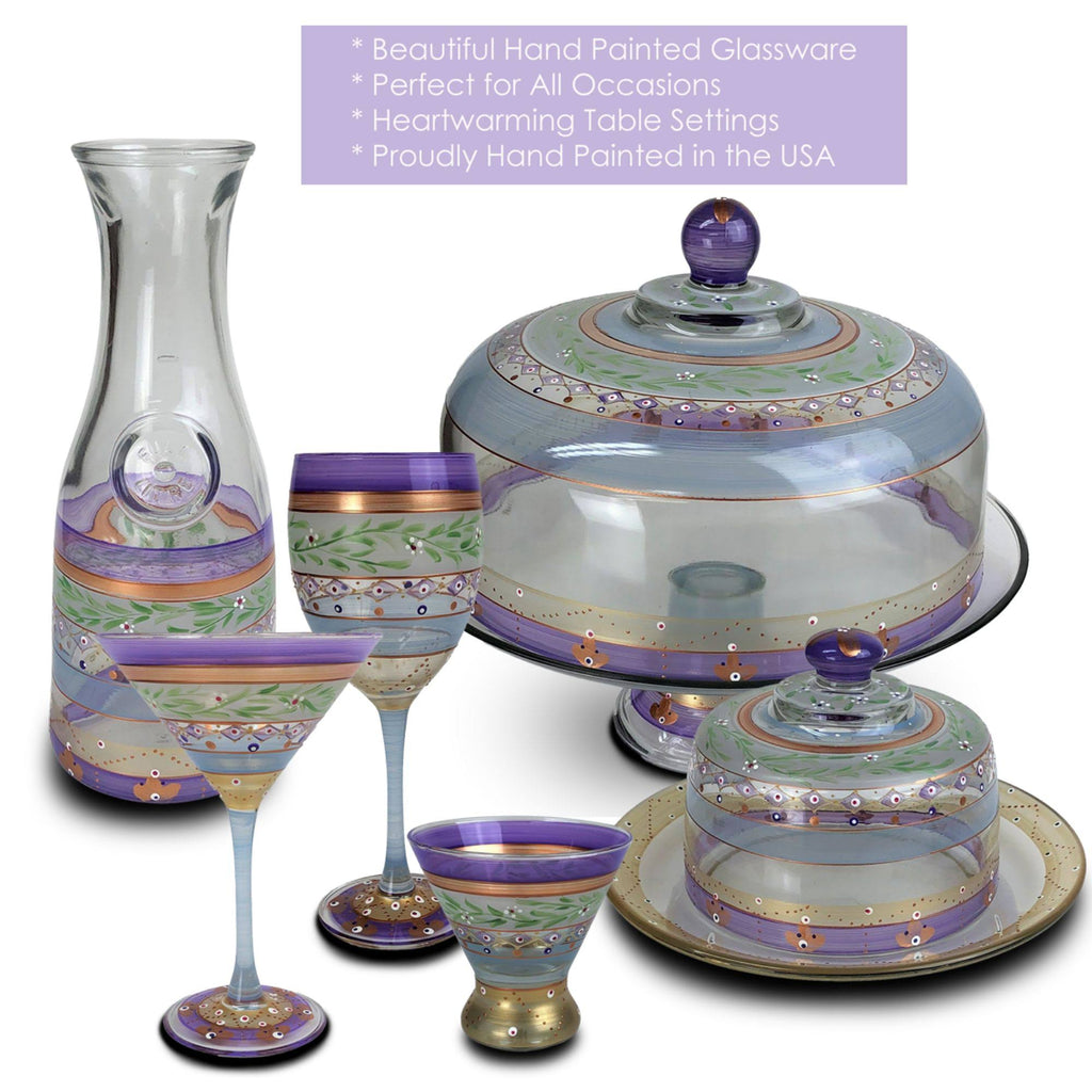 Set of 2 Purple and Green Hand Painted Wine Glass - 8.25 oz Y203
