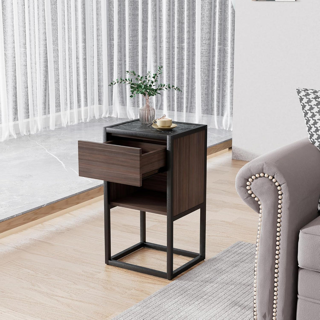 Brown+Light Gray Wood Side Table with Storage Drawer E911156