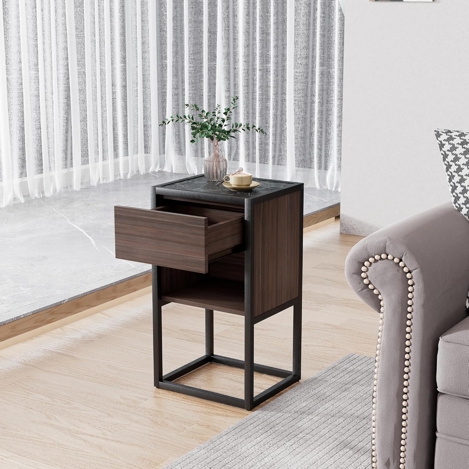 Brown+Light Gray Wood Side Table with Storage Drawer E911156