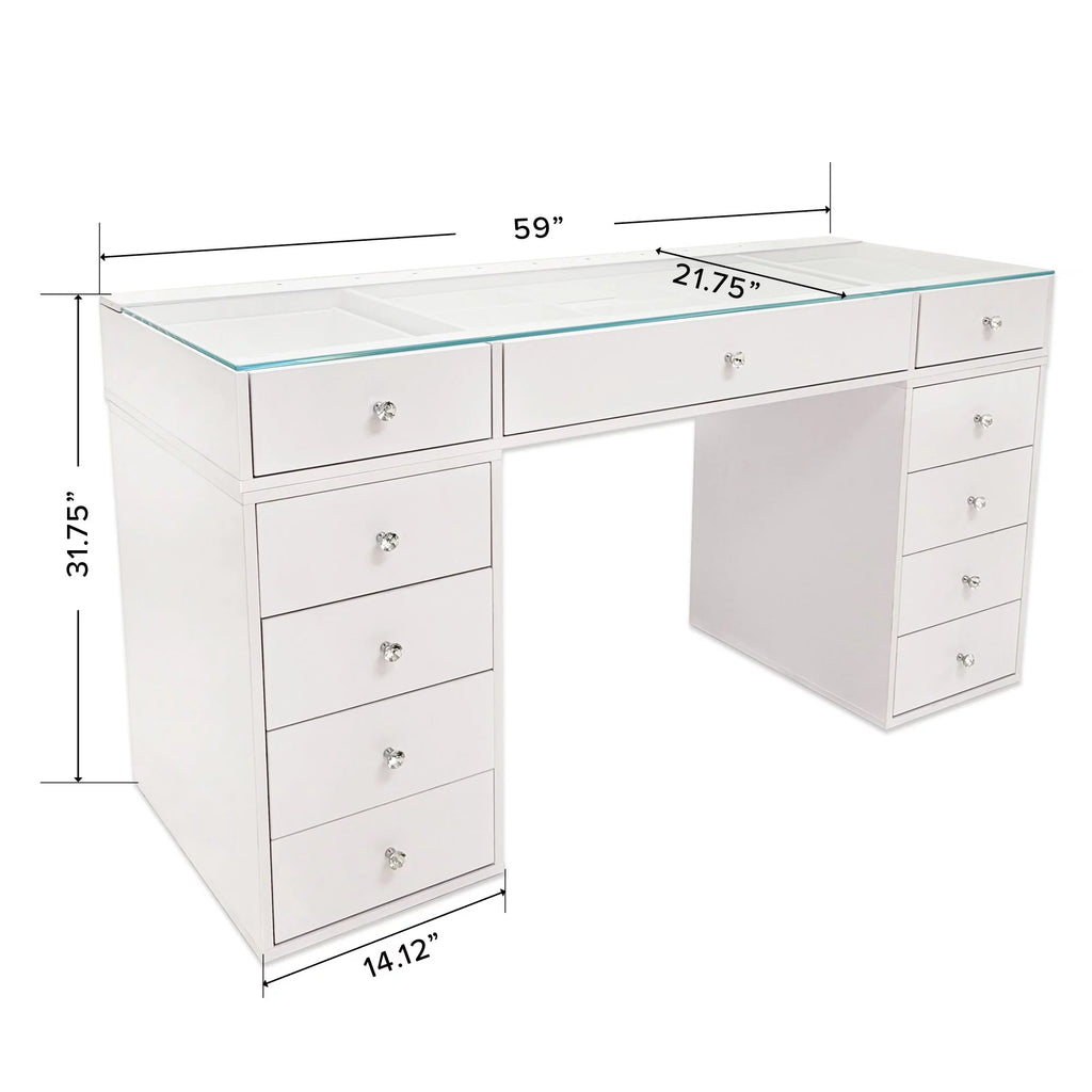 White 10 Drawer Vanity Desk with Glass Tabletop M7369