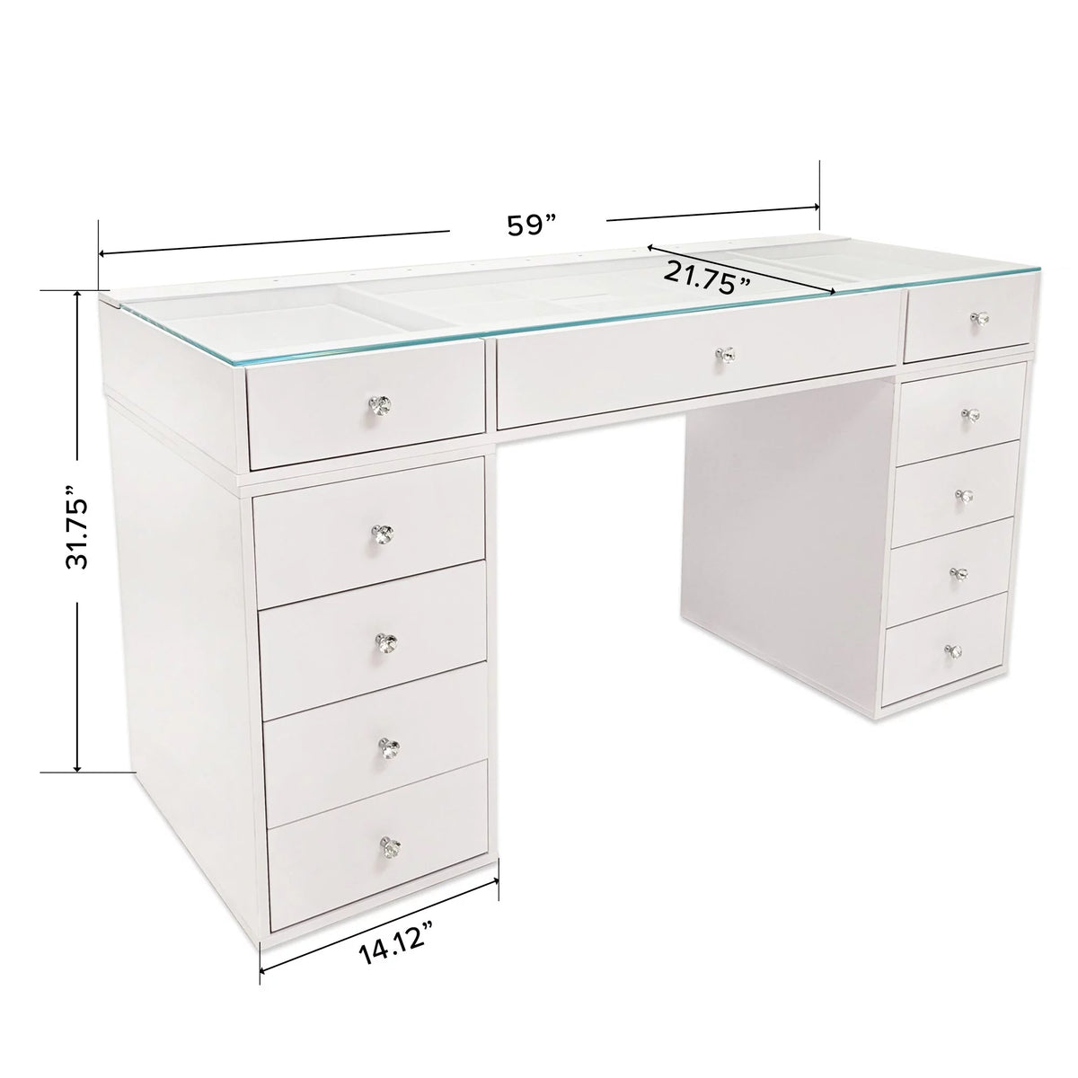 White 10 Drawer Vanity Desk with Glass Tabletop M7369