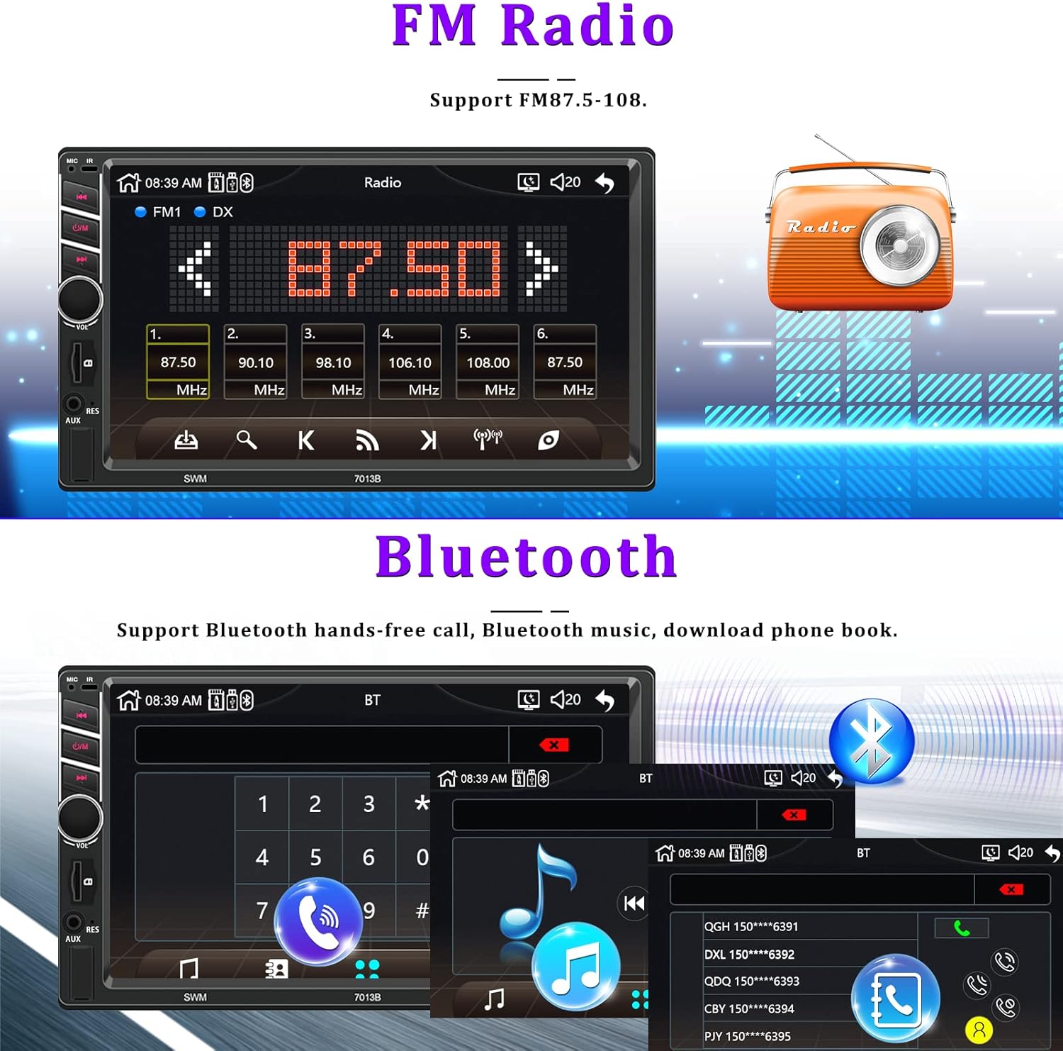 Double Din 7 inch Car Stereo with CarPlay Android Auto HD Touch Screen Multimedia Head Unit MP5 Player FM Receiver Bluetooth Mirror Link SWC AUX/USB/TF Card Backup Camera J89276
