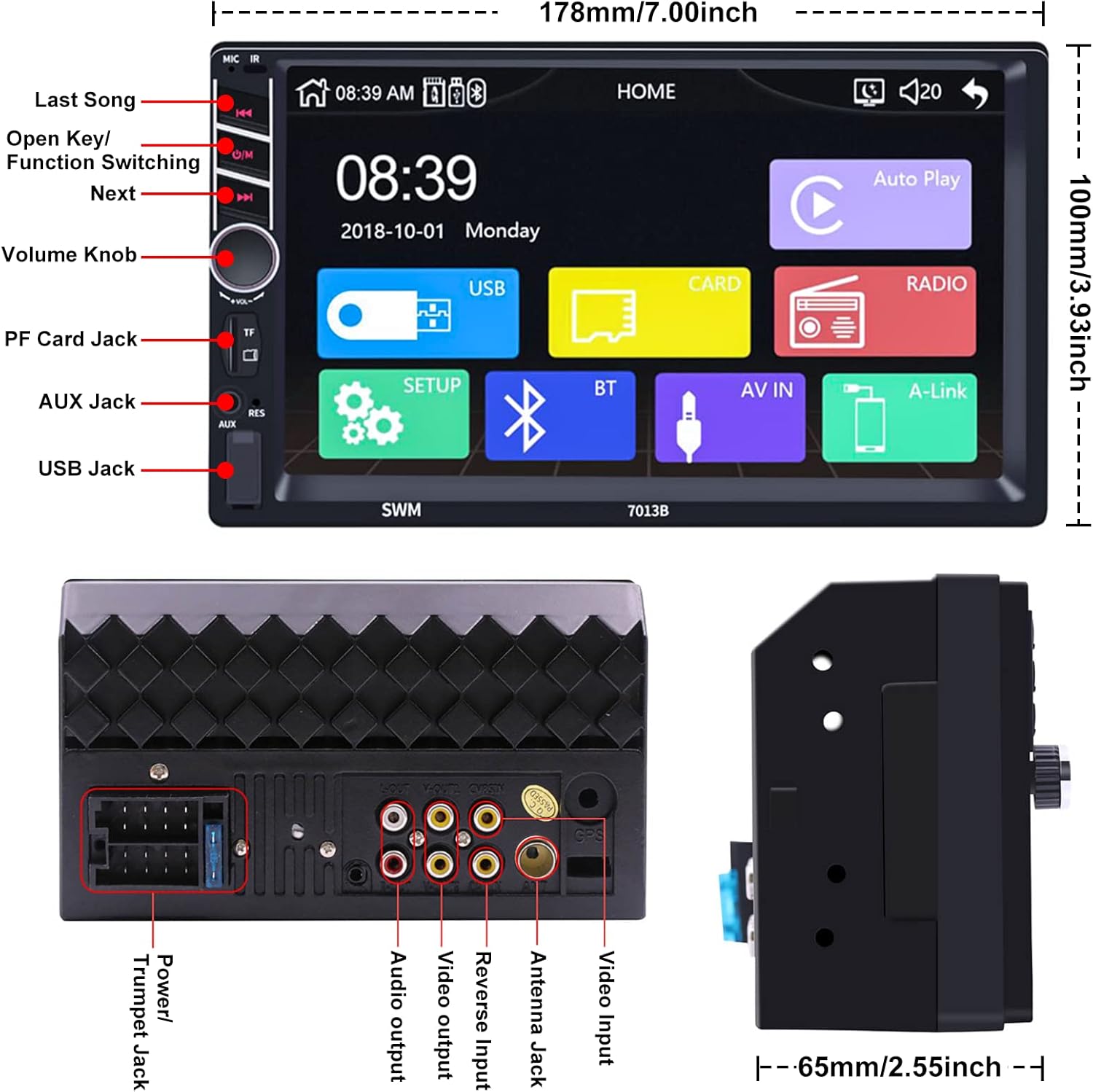 Double Din 7 inch Car Stereo with CarPlay Android Auto HD Touch Screen Multimedia Head Unit MP5 Player FM Receiver Bluetooth Mirror Link SWC AUX/USB/TF Card Backup Camera J89276