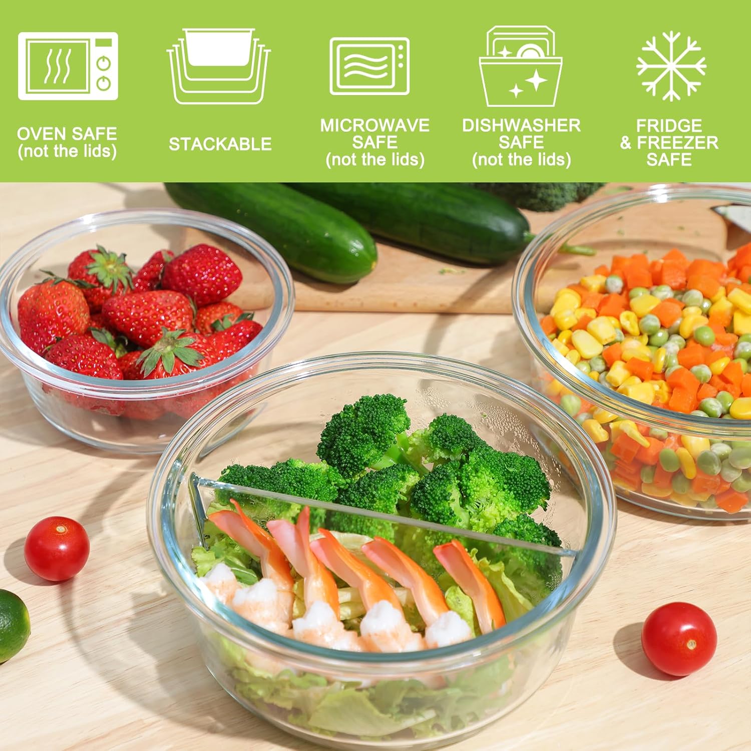 10pc Glass Food Storage Container with Lid, Gray Round Glass Meal Prep Containers I61514