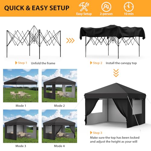 Grey 10x10 Pop Up Canopy with 4 Removable Sidewalls and Windows, 3 Adjustable Heights Commercial Shelter, Portable Enclosed Instant Tent with Wheeled Carry Bag, Waterproof Outdoor Gazebo M6414