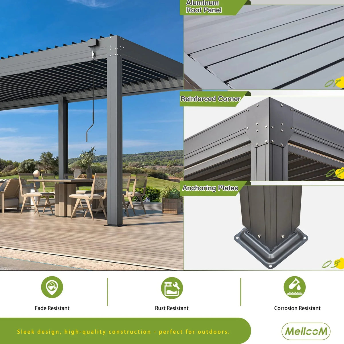 10×20 FT Aluminum Louvered Pergola with 6-Panel Pull-Down Privacy Screen D460