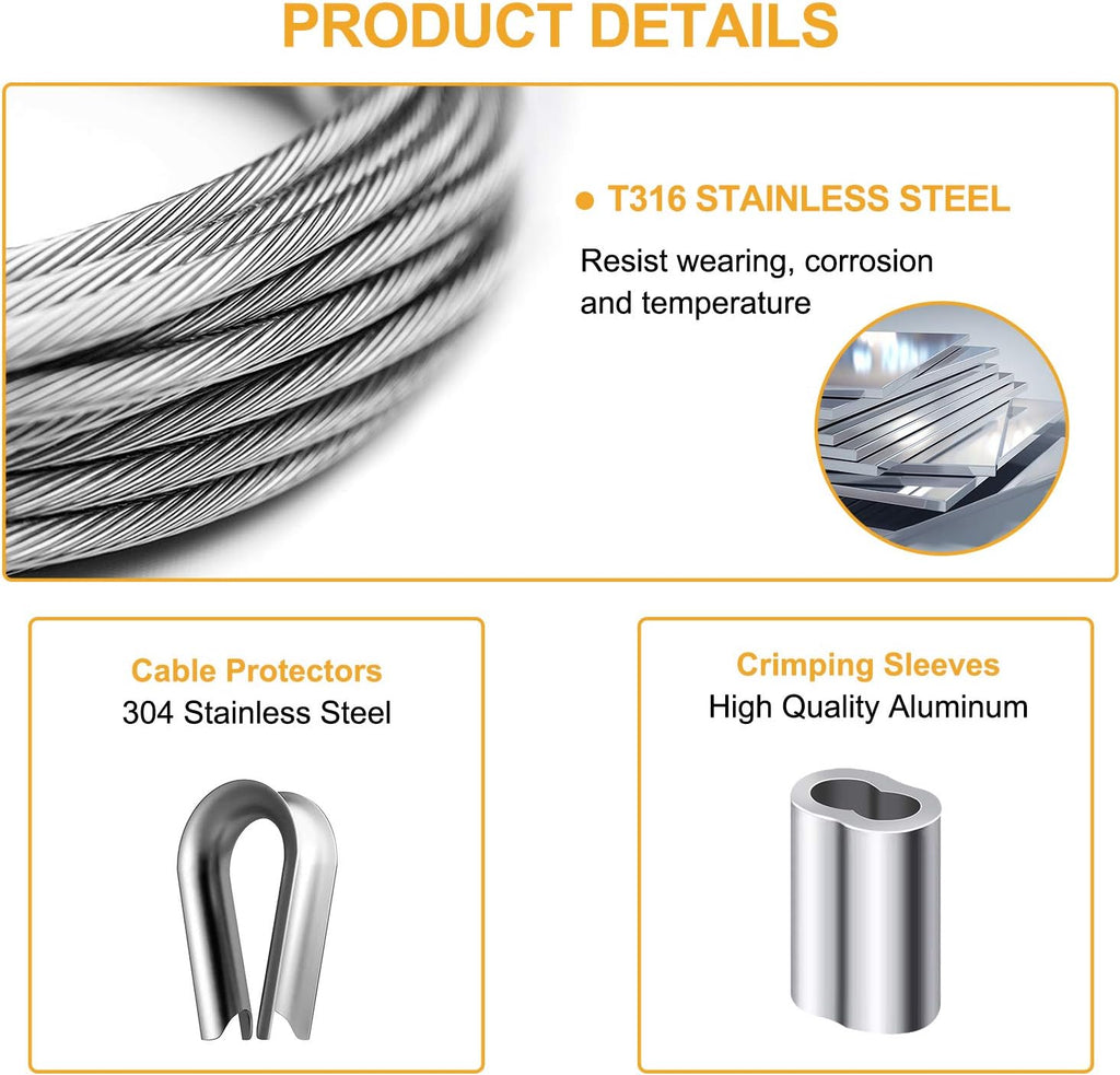1/8 inch T316 Stainless Steel Cable Railing Kit with Crimp Sleeves and Thimble X5657