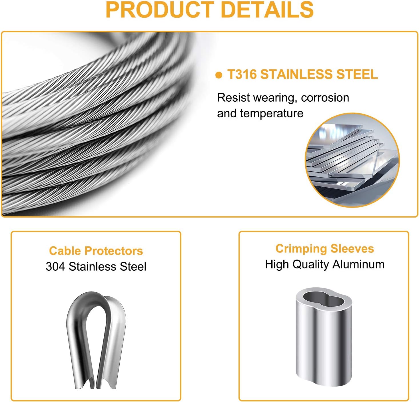 1/8 inch T316 Stainless Steel Cable Railing Kit with Crimp Sleeves and Thimble X5657