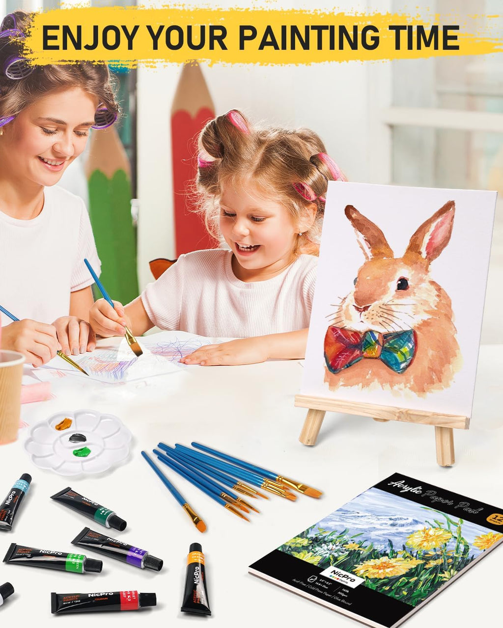 65PCS Acrylic Paint Canvas Set with 12 Colors, 30 Paint Brushes, 5 Canvas, Wood Easel, 3 Palette, A5 Paper Pad G16963