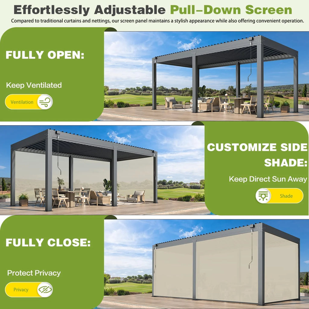 10×20 FT Aluminum Louvered Pergola with 6-Panel Pull-Down Privacy Screen D460