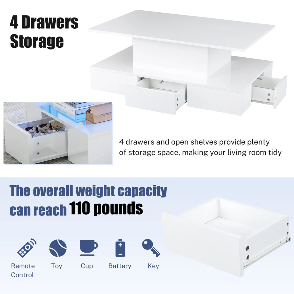 White LED Coffee Table with 4 Drawers C2656