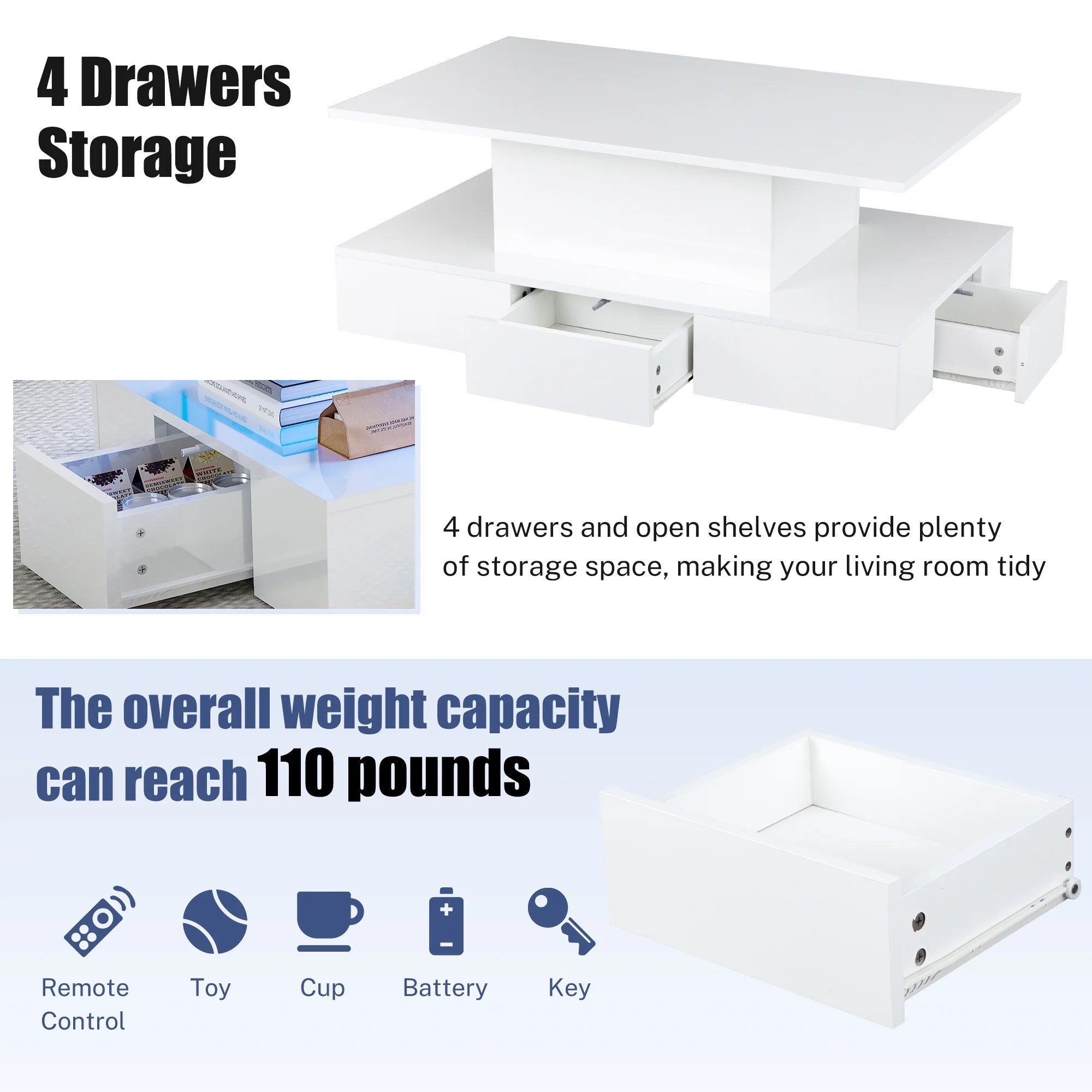 White LED Coffee Table with 4 Drawers C2656