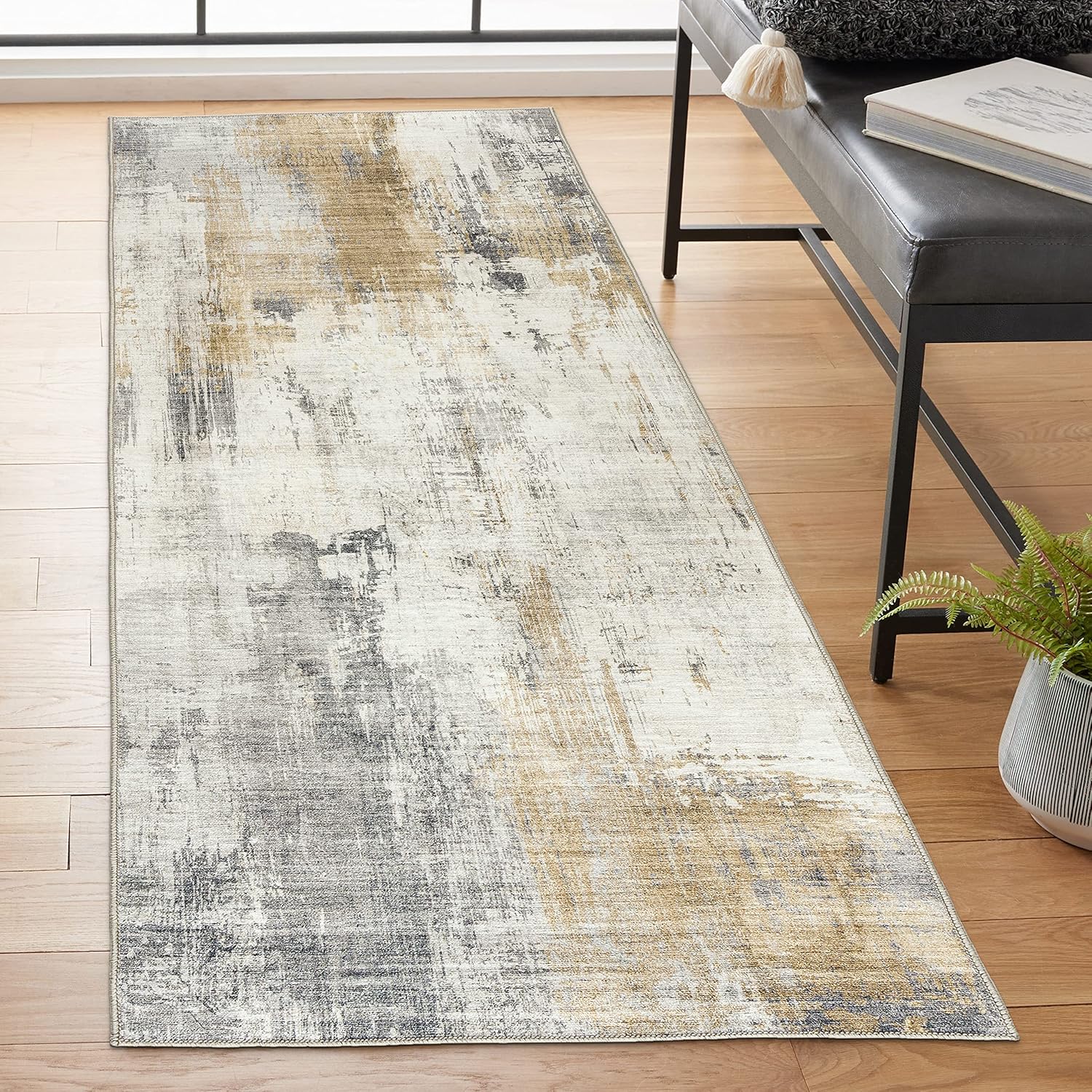 Beige 2'6" x 6' Machine Washable Area Rug Runner W785714