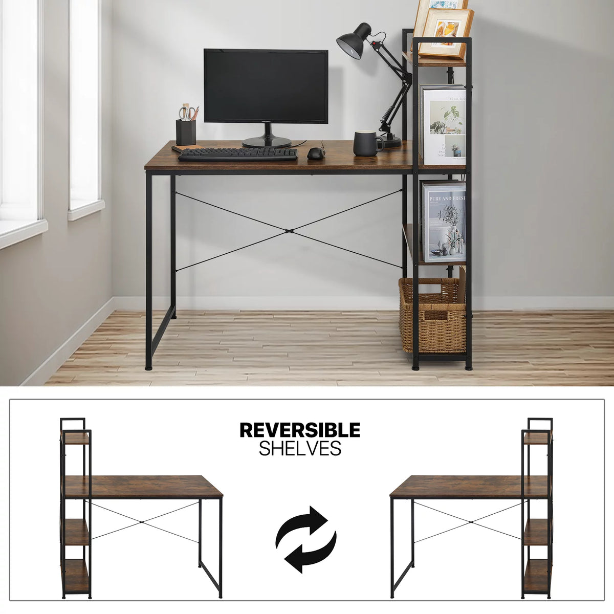 Black Computer Desk and Chair Set with Bookshelf I925065