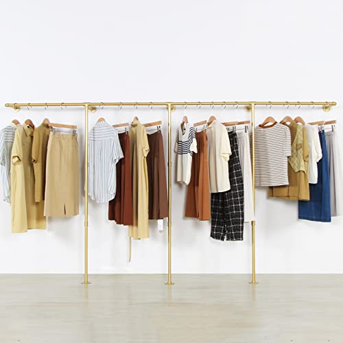 Gold Wall Mounted Clothing Rack with 2 Wooden Shelves Q79096