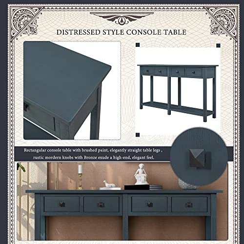 Antique Navy Rustic Wood Console Table with 4 Drawers and Bottom Shelf M613864