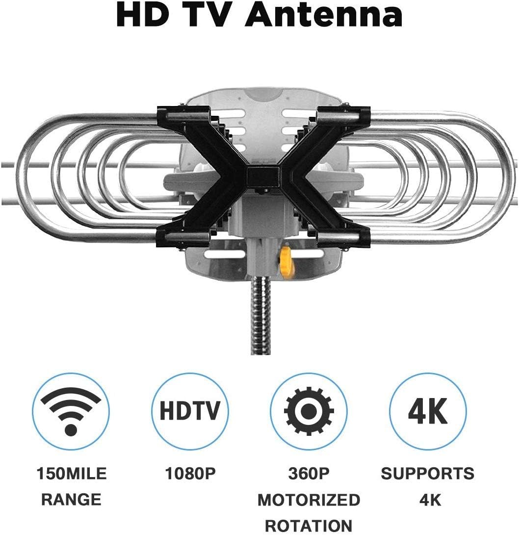 Amplified Digital HDTV Antenna 150 Miles Range 360 Degree Rotation with Mounting Pole & 33 ft RG6 Coax Cable Y392695