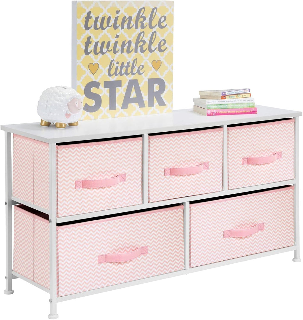 5 Removable Fabric Drawers Pink White Steel Frame Wood Top Storage Dresser G484738