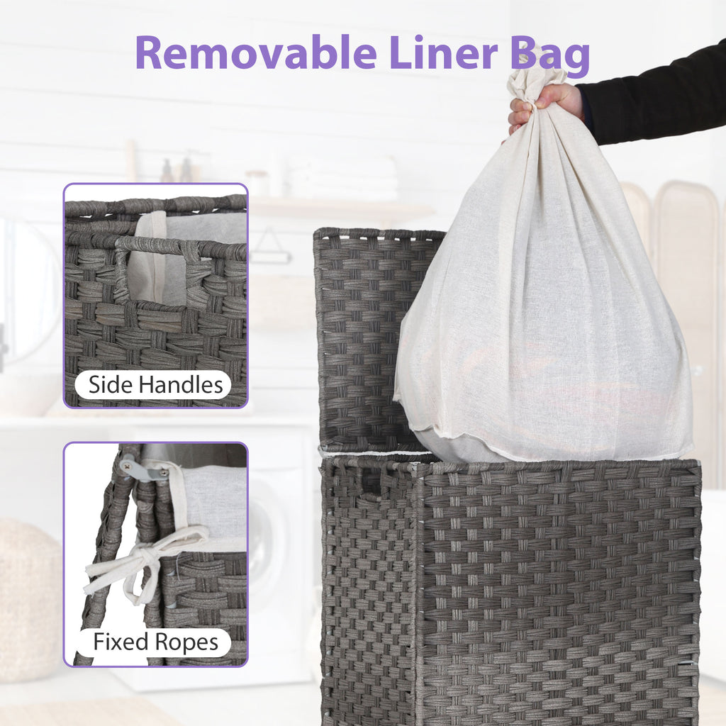 Divided Laundry Hamper 90L/110L Synthetic Rattan Handwoven Double Sorter with Liner Bags Foldable Grey N417793