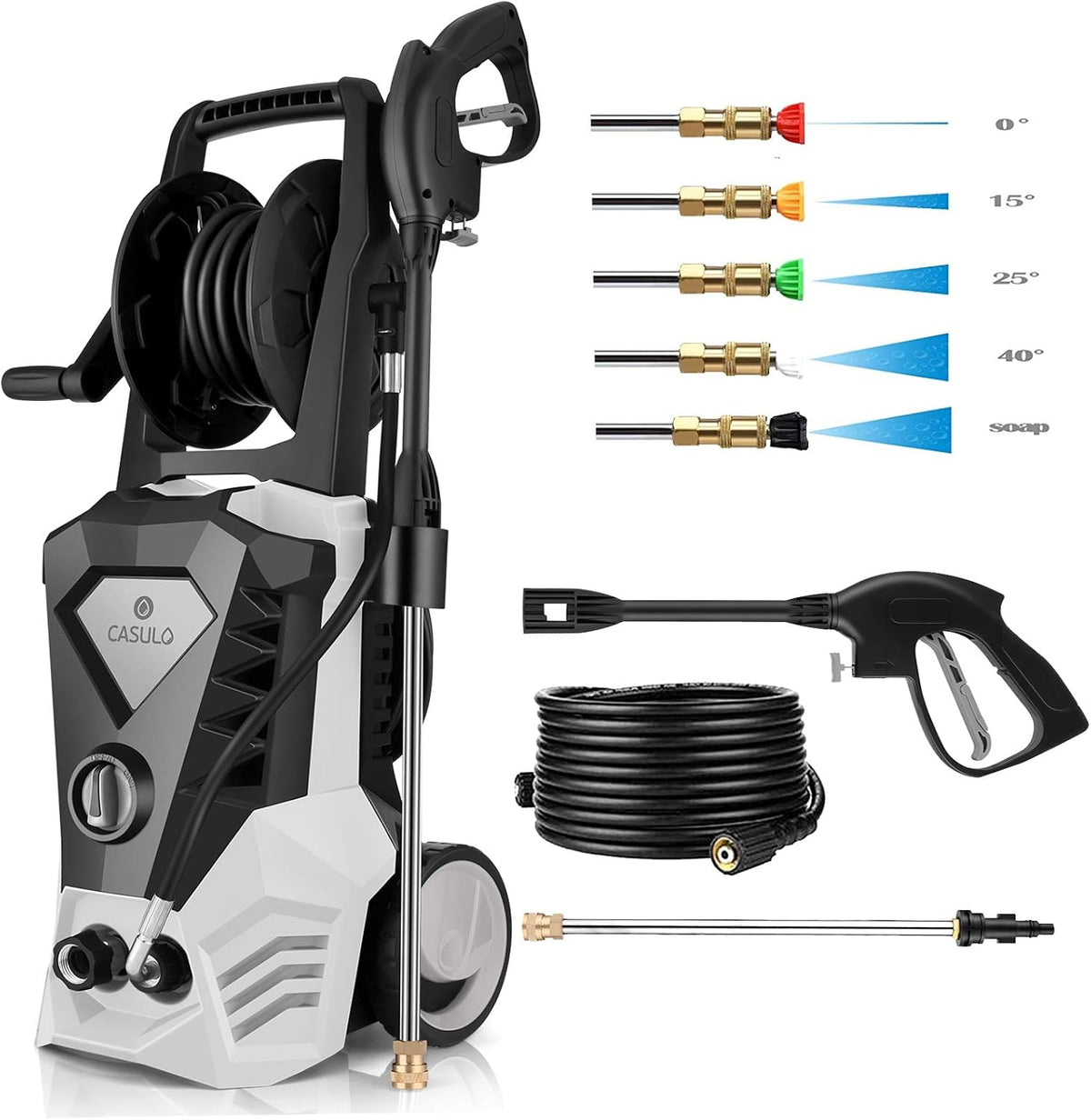 Electric Pressure Washer with Hose Reel, 1800W, 5 Nozzles, Built-in Detergent Tank K16389
