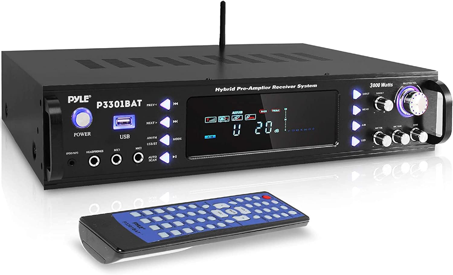Wireless Bluetooth Stereo Amplifier with AM/FM Radio, MP3/USB, AUX, RCA, Karaoke Mic in, Rack Mount, Remote A53611