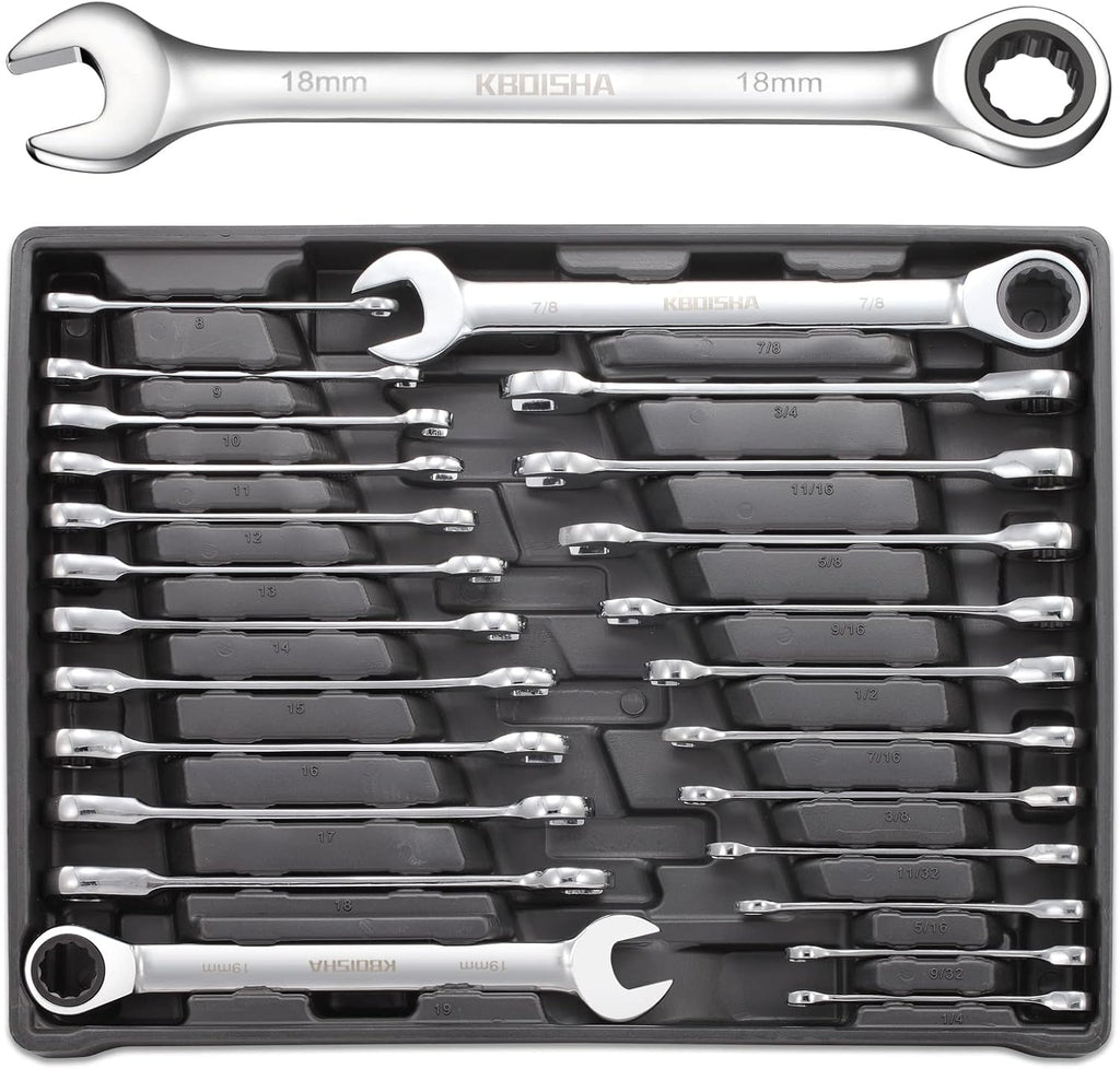 24-Piece Chrome Vanadium Steel Ratcheting Combination Wrench Set with Metric & SAE 72-Tooth X968