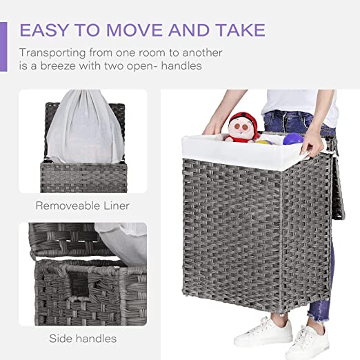 Divided Laundry Hamper 90L/110L Synthetic Rattan Handwoven Double Sorter with Liner Bags Foldable Grey N417793